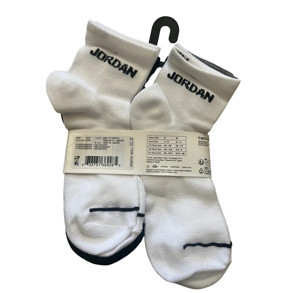 Nike Jordan Ankle Socks Kids Medium Red Black White New 6 Pack Lightweight